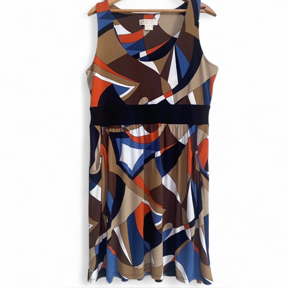 Michael Kors Women Brown Orange Blue Geometric Sleeveless Dress Size Large